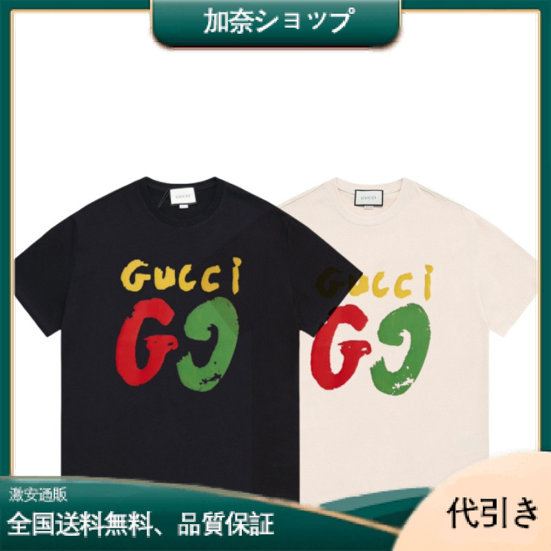 GUCCI グッチロゴ プリント ラウンドネック 半袖Tシャツ 早春モデルグッチ半袖 32番手270gダブルヤーン・コットン-加奈ショップ